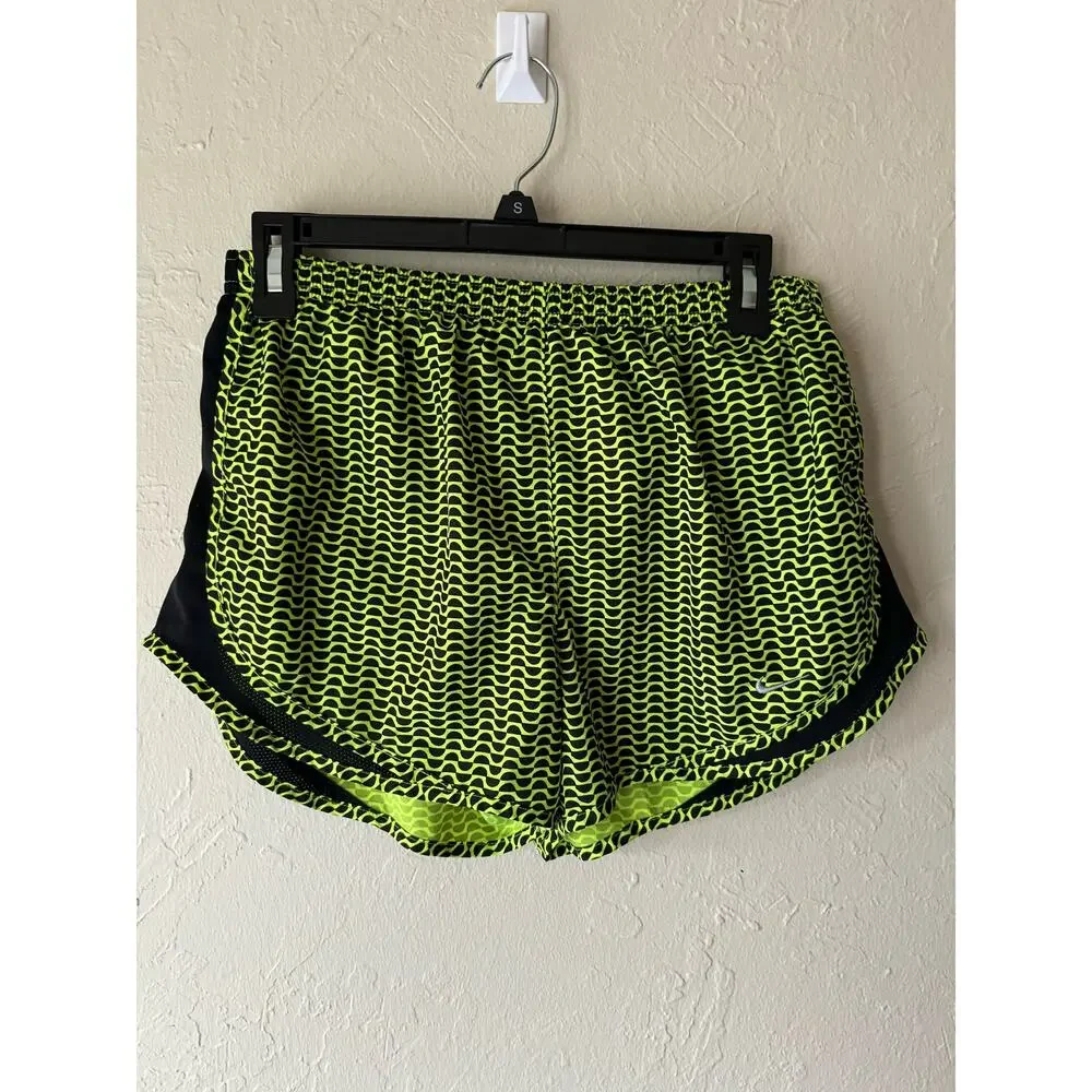 Nike Dri Fit Women's Shorts in Neon Green and Black Geometric Pattern, Size M